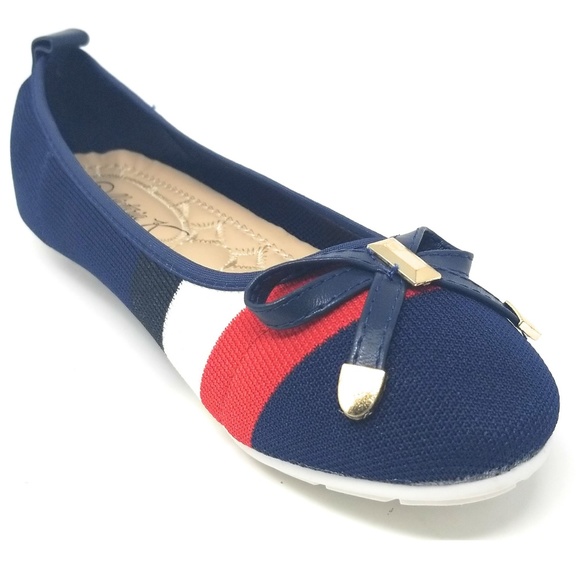 Women's Knit Ballet Flats w. Bow, KT-1802, Navy - Picture 2 of 5